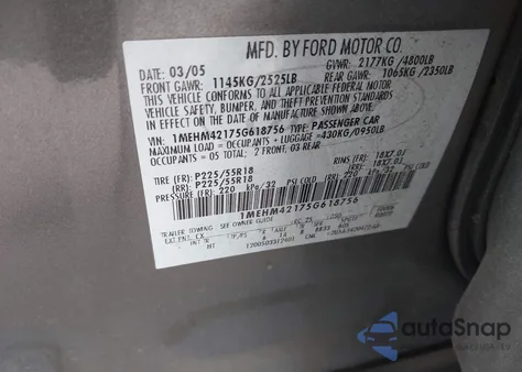 2005 Mercury Montego Premier from USA, damaged, VIN 1MEHM42175G618756